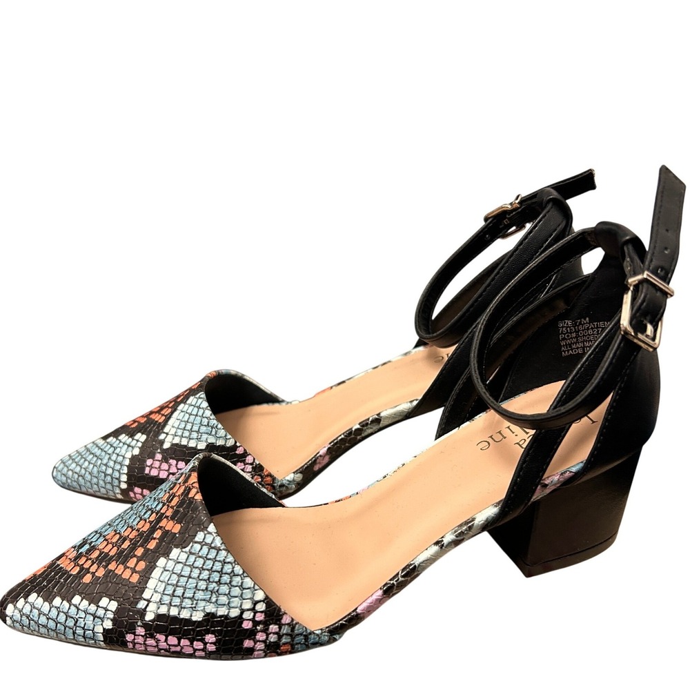 Jessica Cline Womens 7M Snakeskin Print DOrsay Ankle Strap Block Heel Sandals